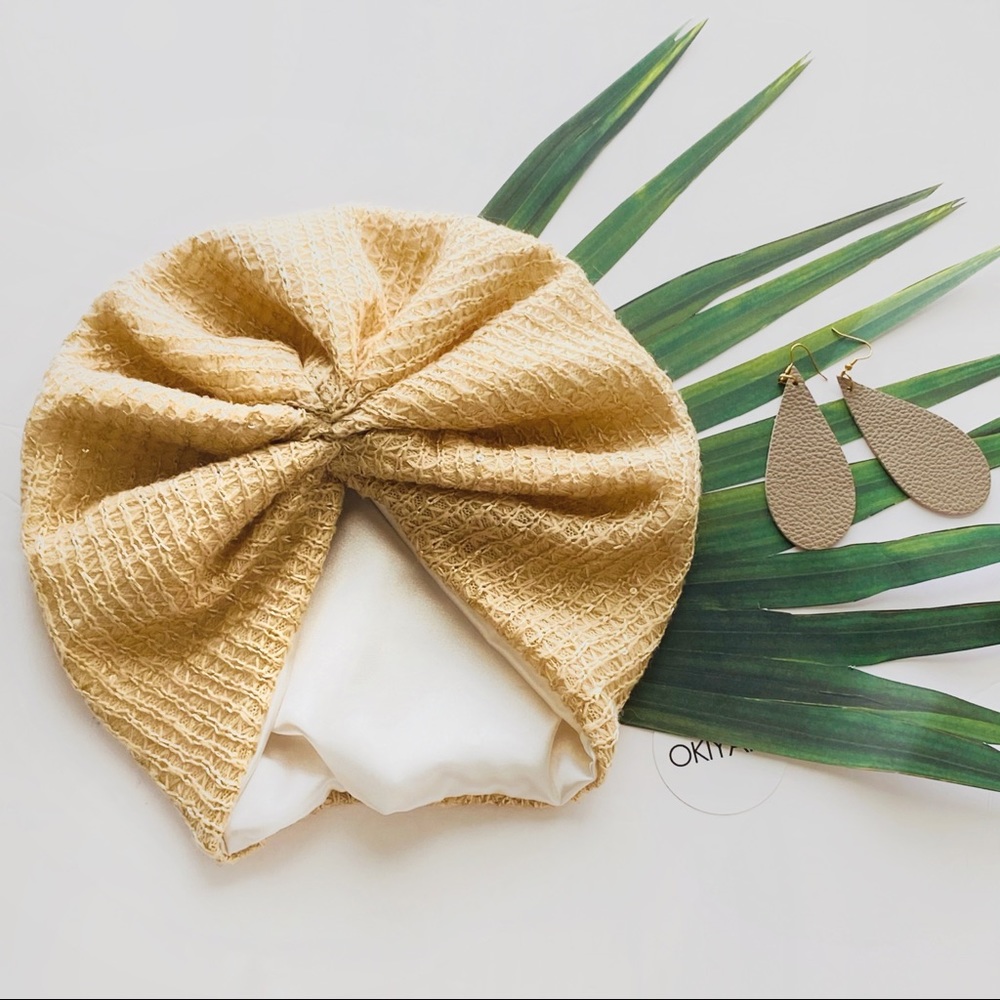 OKIYAH®️ SATIN LINED TURBAN - Tan Knit